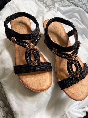 Women's Black Beaded Slingback Sandals - Comfortable Casual Style